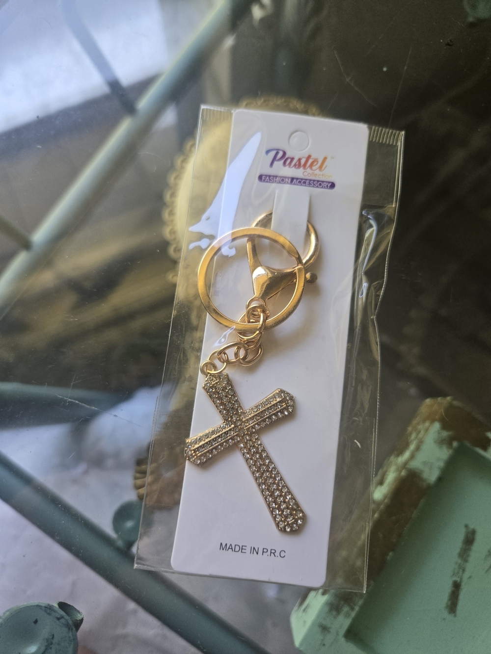 Gold Rhinestone Cross Keychain - Pastel